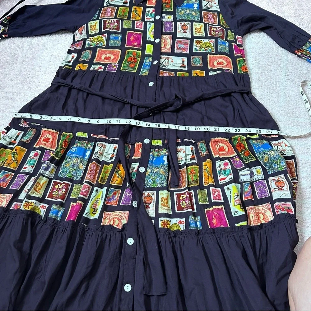 RubyYaya Tiered Postage Stamp Maxi Dress 3/4 Sleeves Button Front Belted Small - Picture 12 of 15